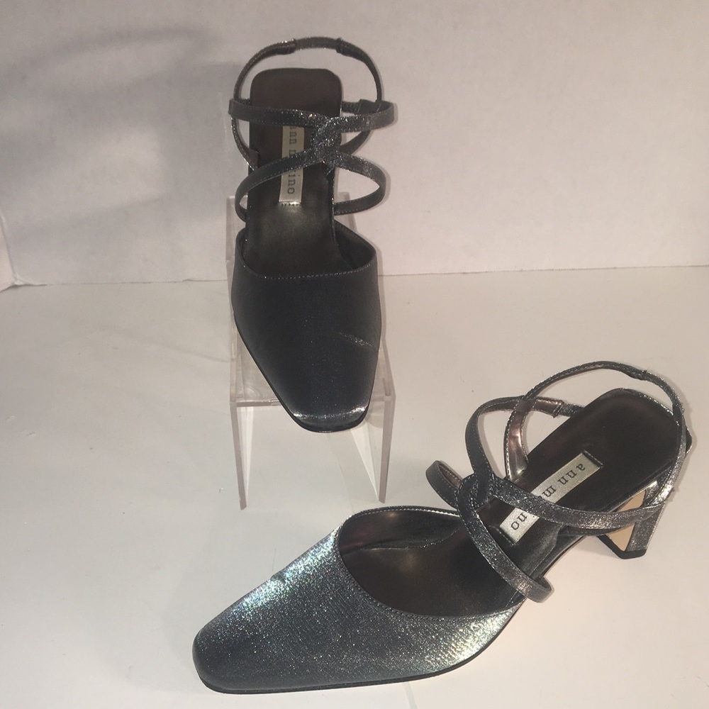 ANN MARINO Women's Shimmery Silver Strappy Slingback Evening Heels Size: 6.5M